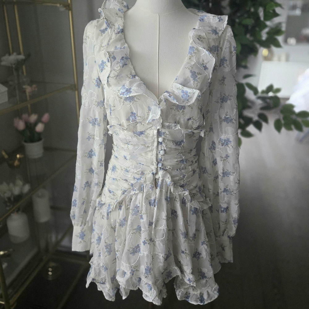 For Love & Lemons White Floral Long Sleeve Mini Dress with Light Blue Print